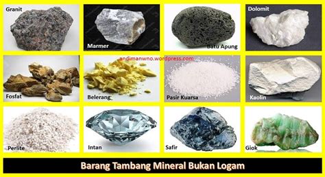 contoh bahan tambang non logam yaitu  Bahan tambang logam; Contoh: timah, tembaga, bijih besi, emas, perak, dan nikel